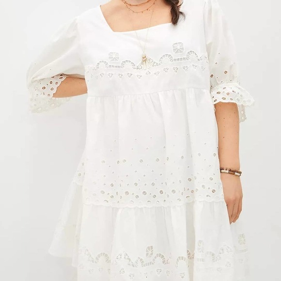 Anthro Audrina Forever That Girl White Eyelet Swing Dress Size Petite Large PL - Picture 3 of 16